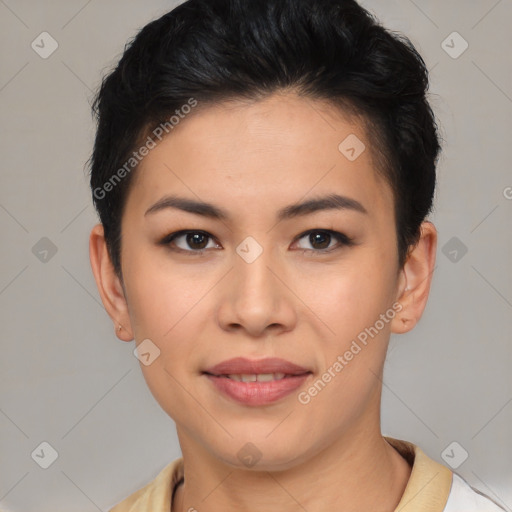 Joyful white young-adult female with short  brown hair and brown eyes