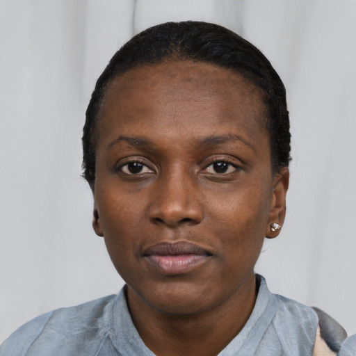 Neutral black young-adult female with short  black hair and brown eyes