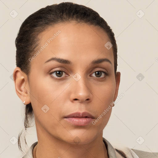 Neutral white young-adult female with short  brown hair and brown eyes