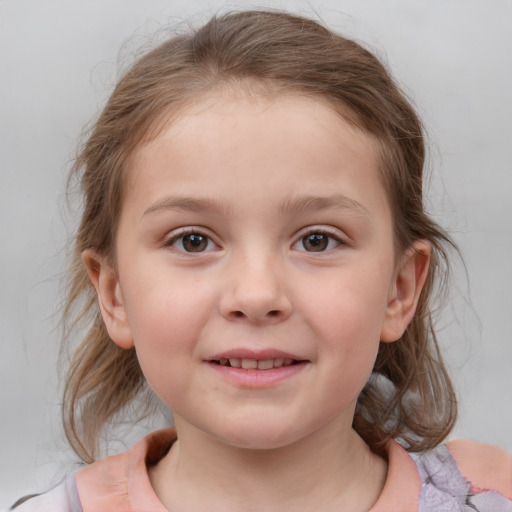 Joyful white child female with medium  brown hair and blue eyes