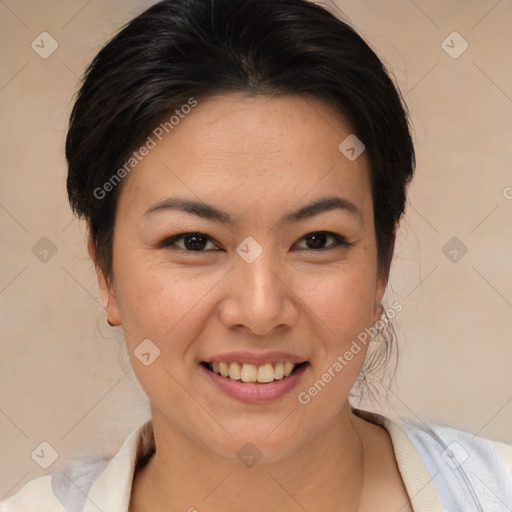 Joyful white young-adult female with medium  brown hair and brown eyes