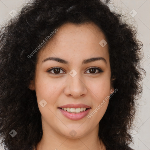 Joyful latino young-adult female with long  brown hair and brown eyes