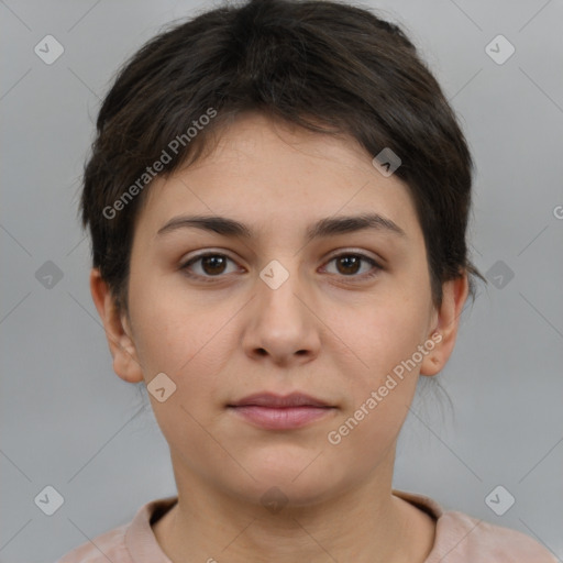 Neutral white young-adult female with short  brown hair and brown eyes