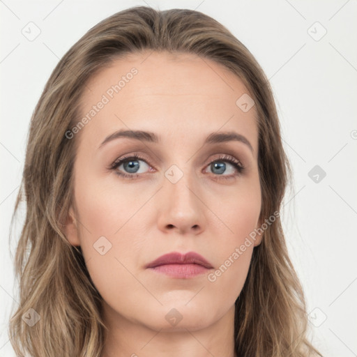 Neutral white young-adult female with long  brown hair and grey eyes