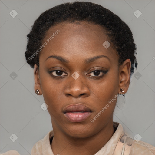 Neutral black young-adult female with short  brown hair and brown eyes