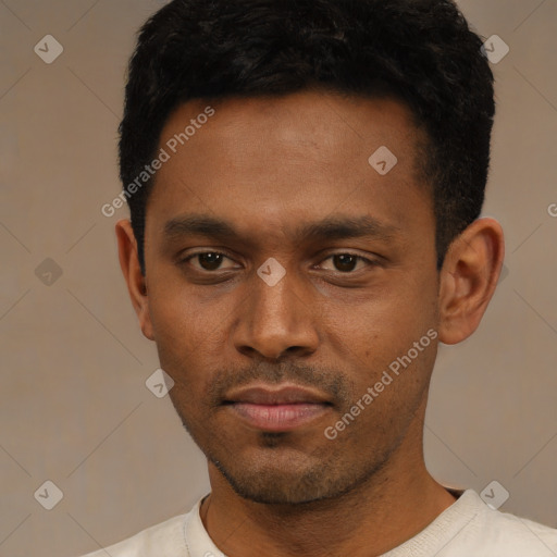 Neutral latino young-adult male with short  black hair and brown eyes