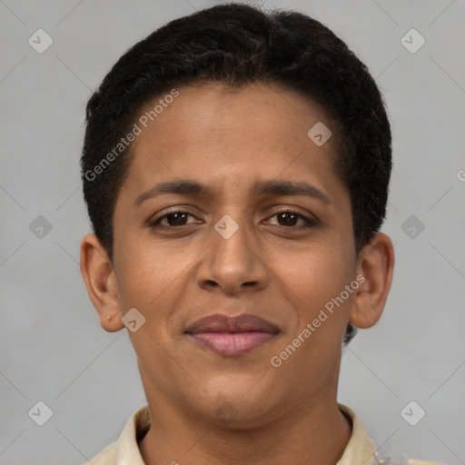 Joyful latino young-adult female with short  brown hair and brown eyes