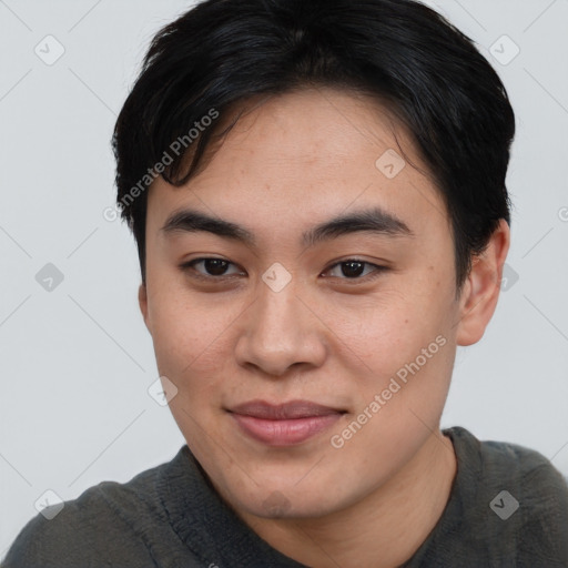 Joyful asian young-adult female with short  brown hair and brown eyes