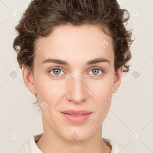 Joyful white young-adult female with short  brown hair and green eyes