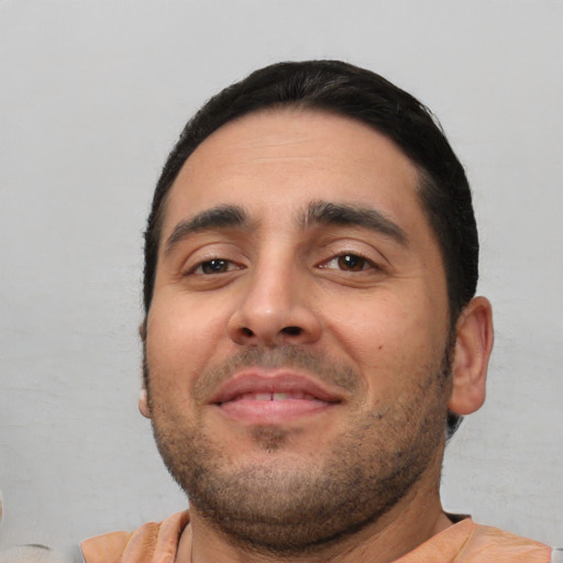 Neutral white young-adult male with short  black hair and brown eyes