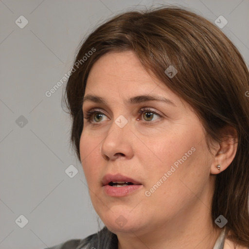 Neutral white young-adult female with medium  brown hair and brown eyes