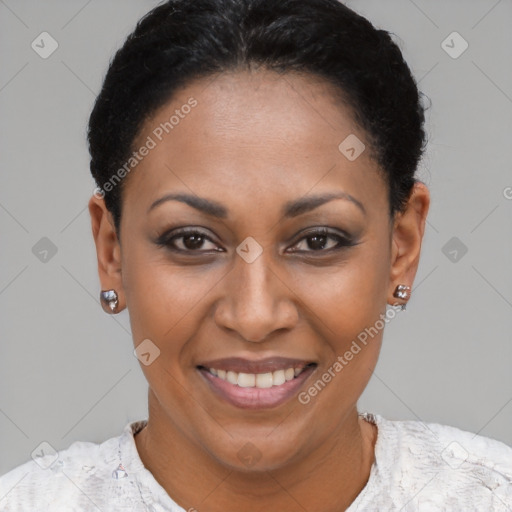 Joyful latino young-adult female with short  brown hair and brown eyes