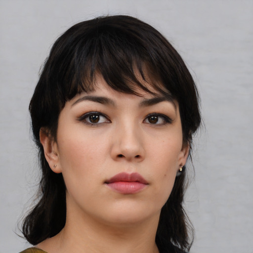 Neutral asian young-adult female with medium  brown hair and brown eyes