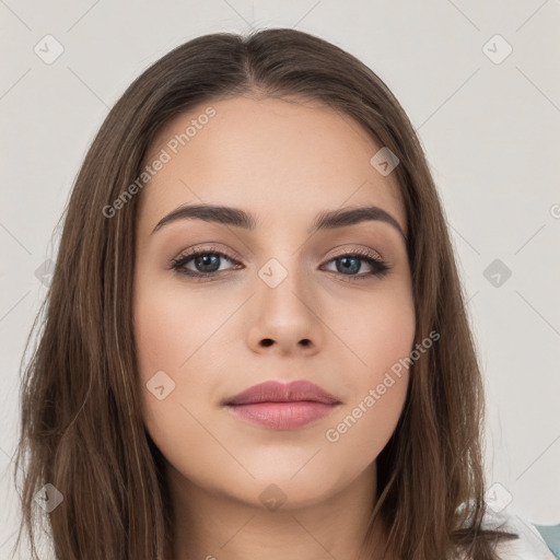 Neutral white young-adult female with long  brown hair and brown eyes