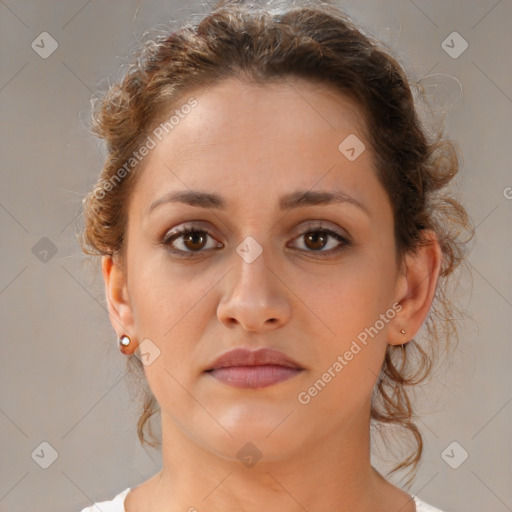 Neutral white young-adult female with medium  brown hair and brown eyes