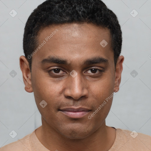 Joyful black young-adult male with short  black hair and brown eyes