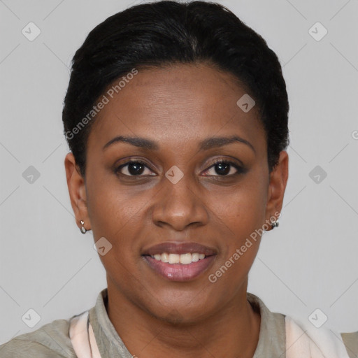 Joyful latino young-adult female with short  black hair and brown eyes