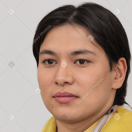 Joyful white young-adult female with medium  brown hair and brown eyes