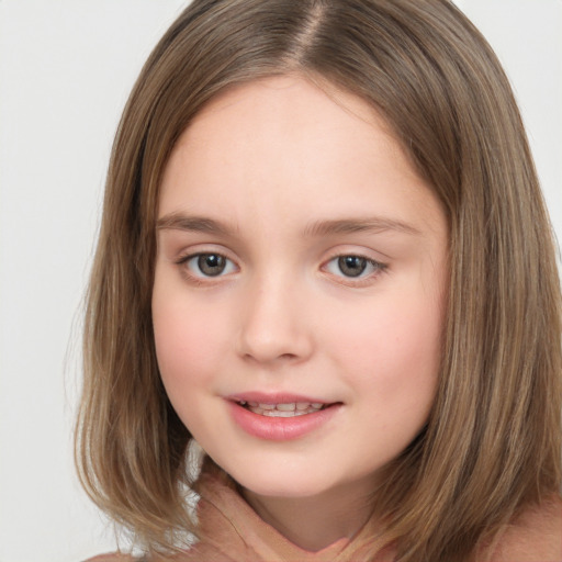 Joyful white child female with medium  brown hair and brown eyes