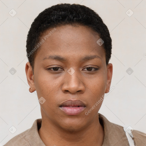 Neutral black young-adult female with short  brown hair and brown eyes