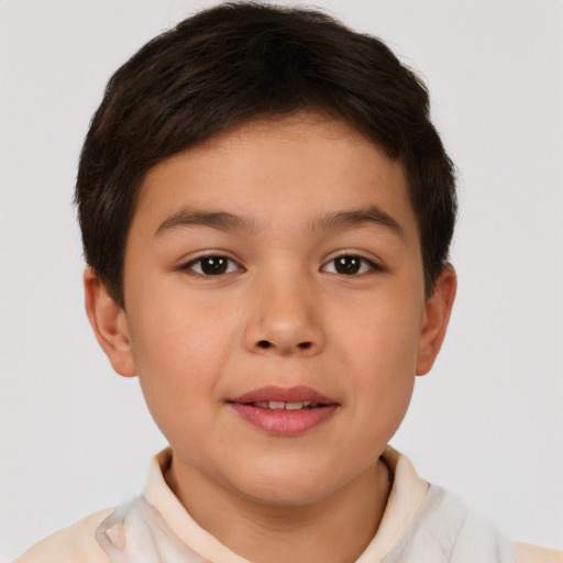 Joyful white child female with short  brown hair and brown eyes