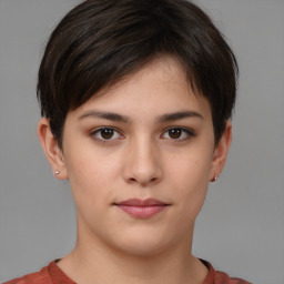 Neutral white young-adult female with short  brown hair and brown eyes