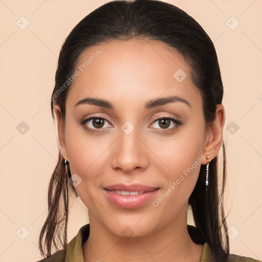 Joyful white young-adult female with long  brown hair and brown eyes