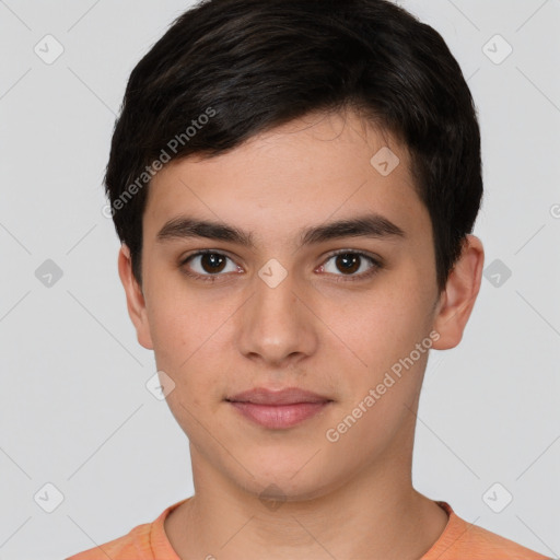 Neutral white young-adult male with short  brown hair and brown eyes