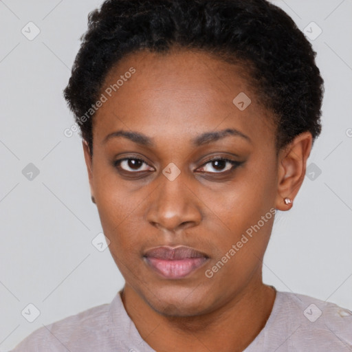 Neutral black young-adult female with short  black hair and brown eyes