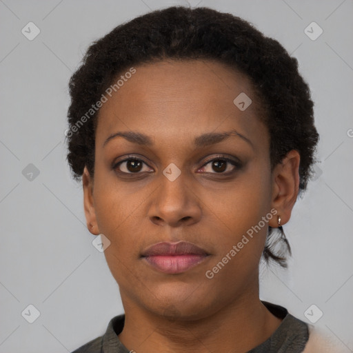 Neutral black young-adult female with short  brown hair and brown eyes