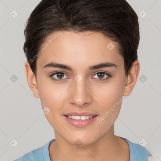 Joyful white young-adult female with short  brown hair and brown eyes