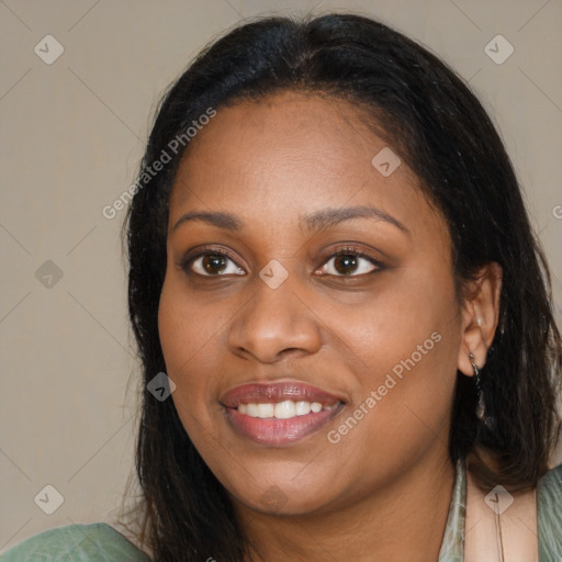 Joyful latino young-adult female with long  brown hair and brown eyes