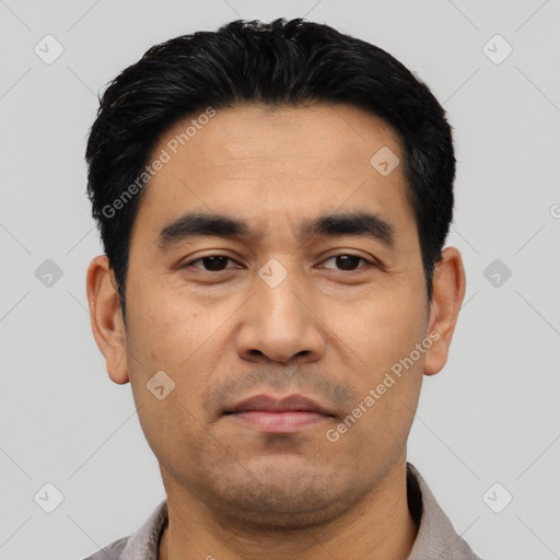Neutral asian young-adult male with short  black hair and brown eyes