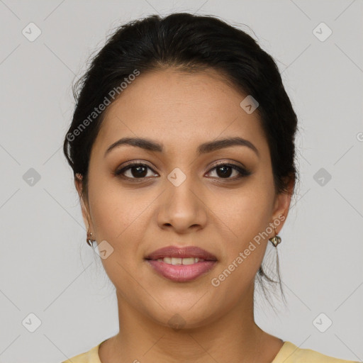 Joyful latino young-adult female with medium  brown hair and brown eyes