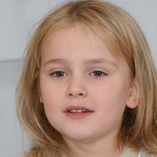 Neutral white child female with medium  brown hair and blue eyes