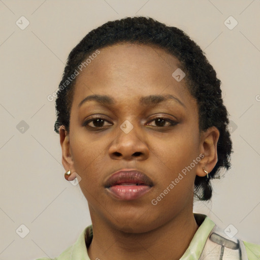 Neutral black young-adult female with short  black hair and brown eyes