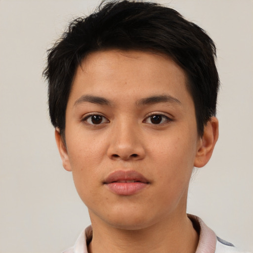 Neutral asian young-adult female with short  brown hair and brown eyes