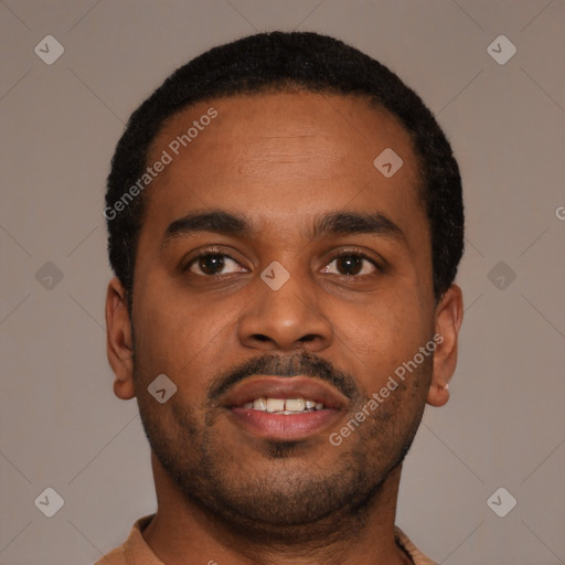 Neutral black young-adult male with short  black hair and brown eyes
