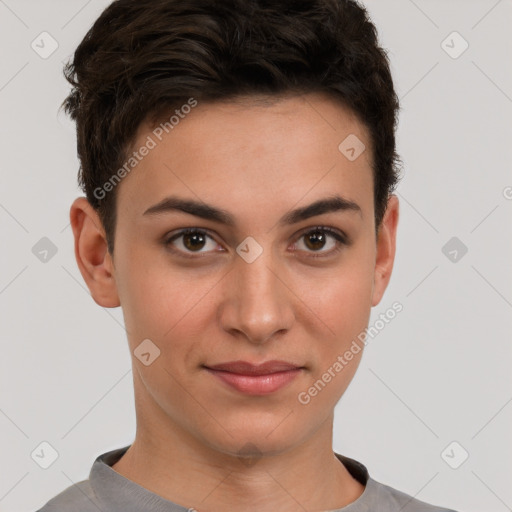 Joyful white young-adult female with short  brown hair and brown eyes