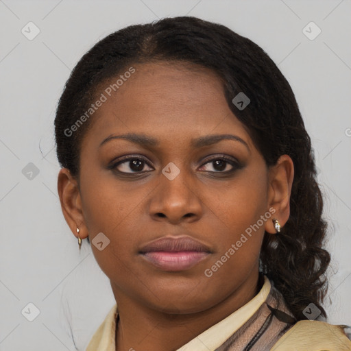 Neutral black young-adult female with medium  brown hair and brown eyes