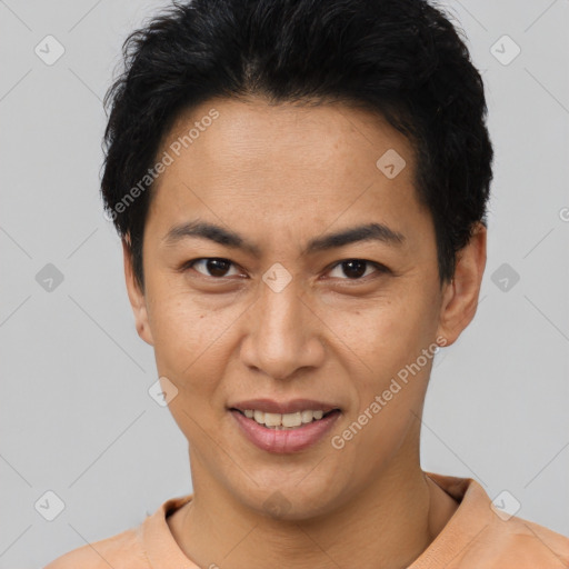 Joyful latino young-adult female with short  brown hair and brown eyes