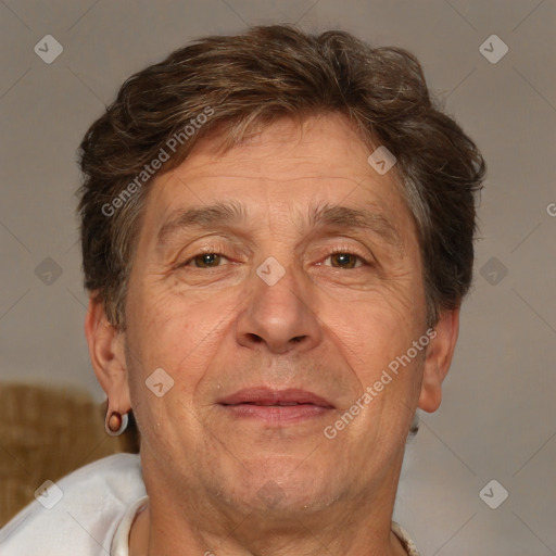 Joyful white middle-aged male with short  brown hair and brown eyes