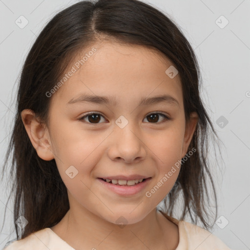 Joyful white child female with medium  brown hair and brown eyes