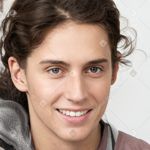 Joyful white young-adult male with medium  brown hair and brown eyes