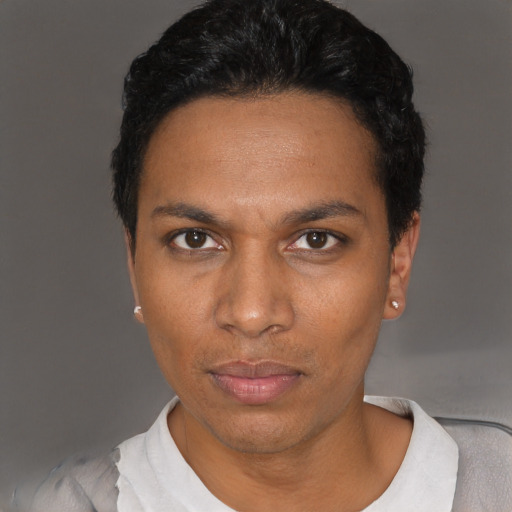 Neutral black young-adult female with short  black hair and brown eyes