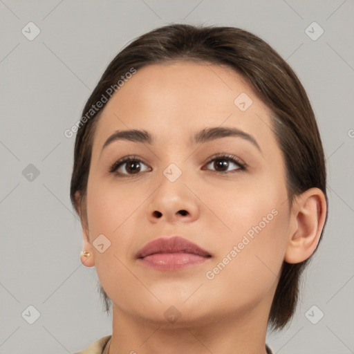 Neutral white young-adult female with medium  brown hair and brown eyes