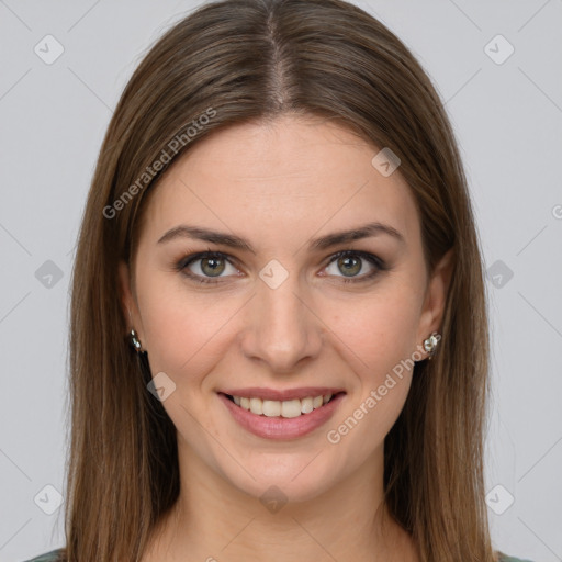 Joyful white young-adult female with long  brown hair and grey eyes