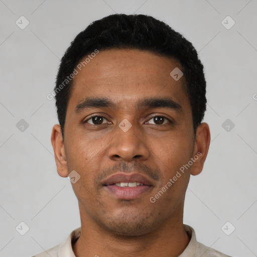 Neutral latino young-adult male with short  black hair and brown eyes