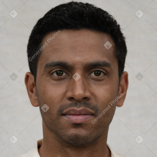 Neutral latino young-adult male with short  black hair and brown eyes
