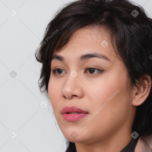 Neutral white young-adult female with medium  brown hair and brown eyes